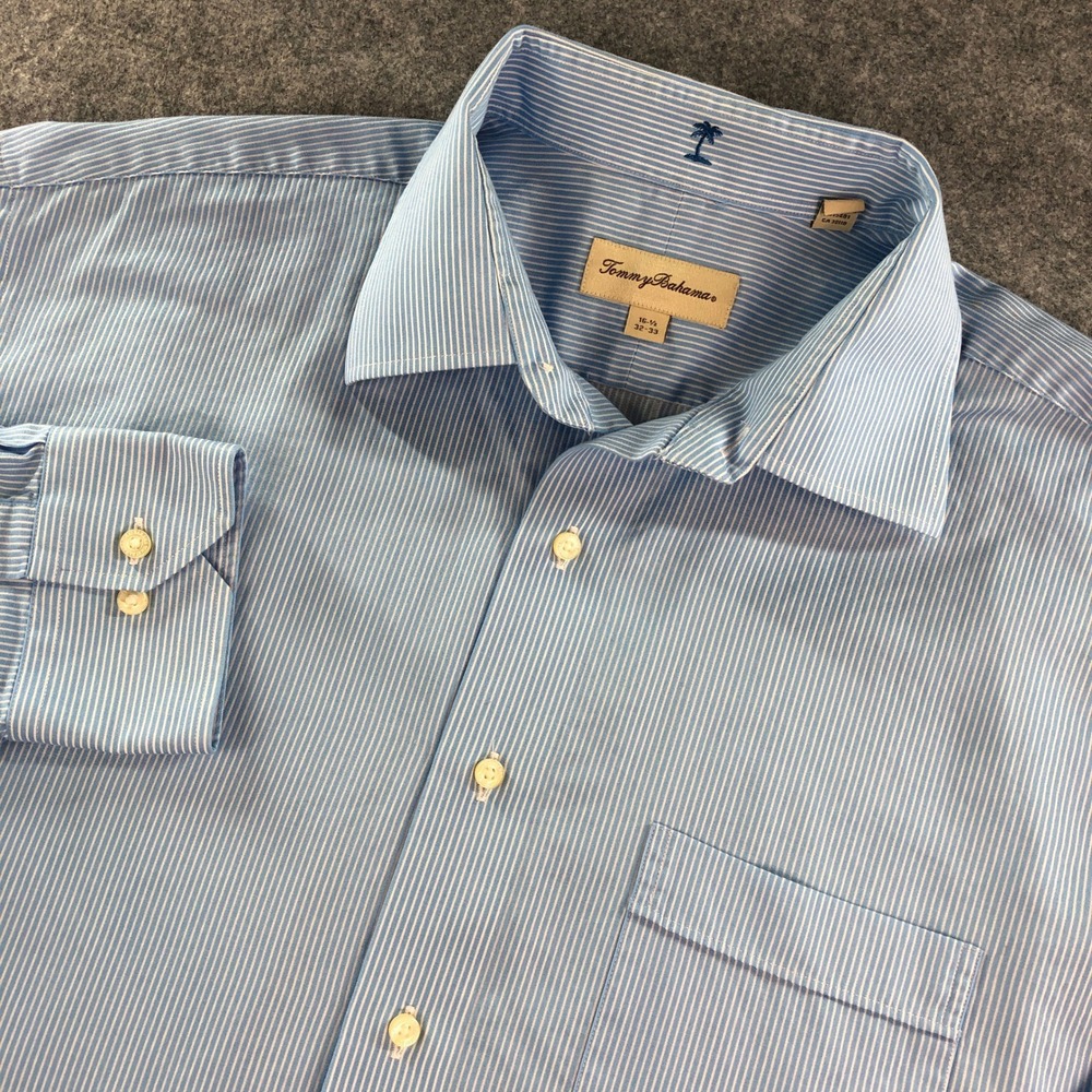 Tommy Bahama Mens Shirt 16 Blue Striped Cotton Long Sleeve Resort Island